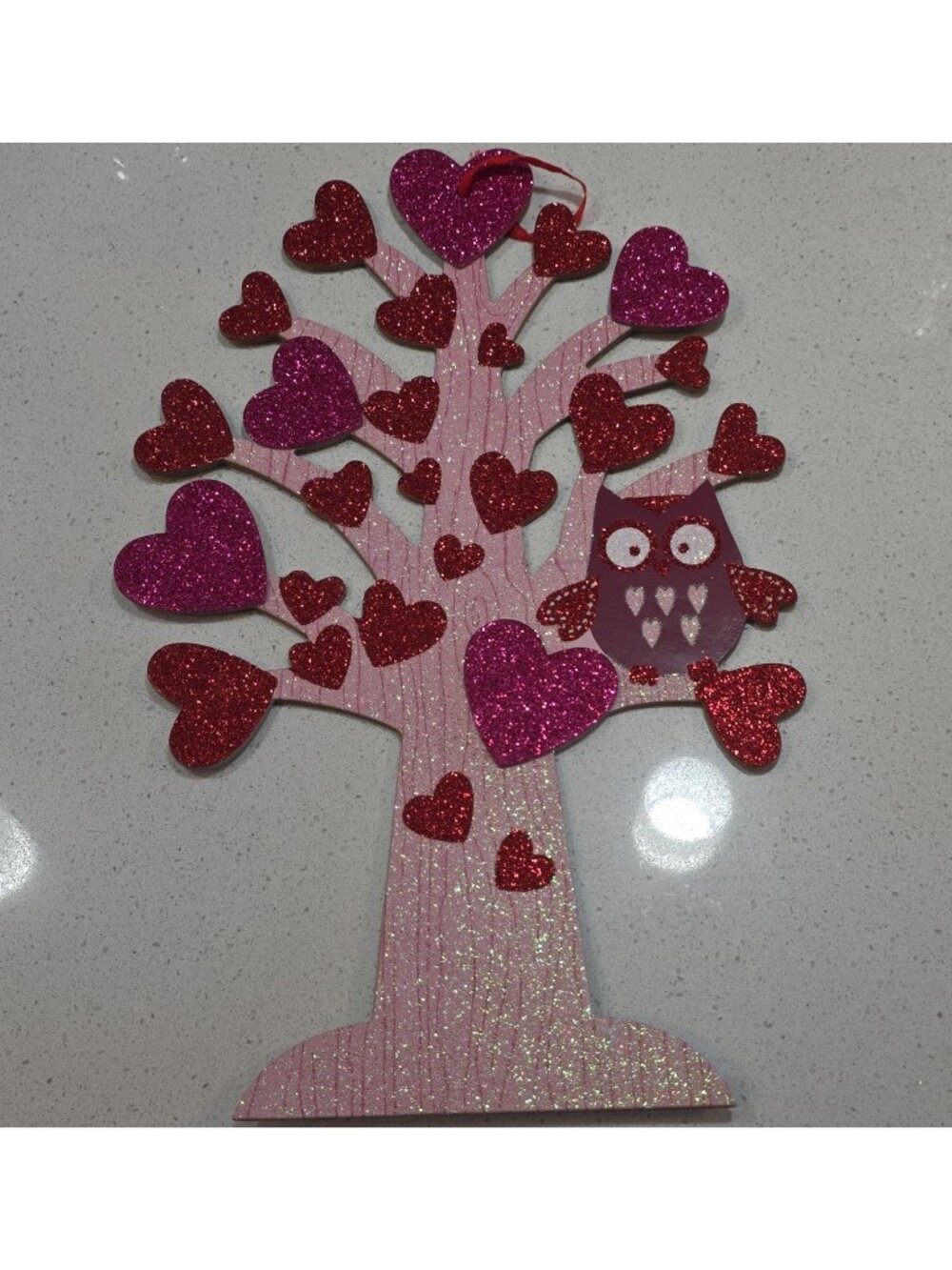 Glitter Hearts Tree Owl Wood Hanging Wall Plaque Sign Pink Red Purple Small